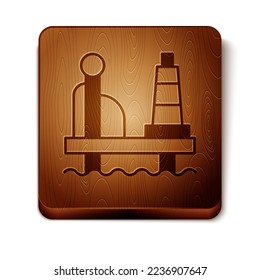 Brown Oil platform in the sea icon isolated on white background. Drilling rig at sea. Oil platform, gas fuel, industry offshore. Wooden square button. Vector