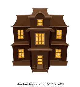 Brown Old Classic House With Porch. Vector Illustration.