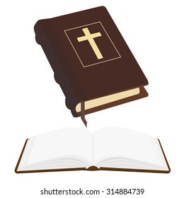 Brown old holy bible with gold cross vector icon isolated, religious bookstore, closed and opened book