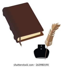 Brown old leather book with bookmark and black  inkwell with feather vector set
