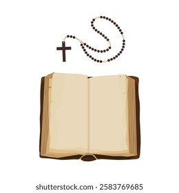 Brown old opened empty book and rosary beads with cross isolated on white background. Vector