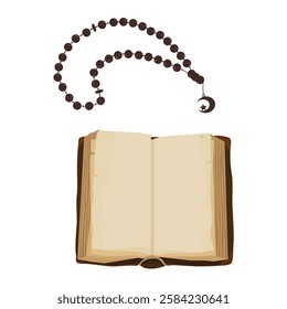 Brown old opened empty book and prayer beads isolated on white background. Vector