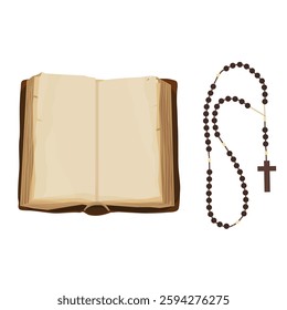 Brown old opened empty book and rosary beads with cross isolated on white background. Vector