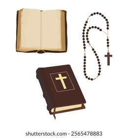 Brown old opened Holy Bible and rosary beads with cross. Closed bible cover with cross. Vector