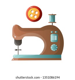 Brown old retro model sewing machine with spool of thread and big button isolated on white