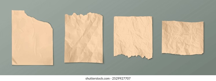 Brown old torn paper sheet. Crumpled poster with crease effect. Vintage rough page for note. Realistic grunge wrinkled material piece cutout from notebook. Abstract school diary checkered document pad