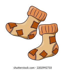 Brown old warm knitted socks with a pattern, holey socks, patches, vector illustration in cartoon style on a white background