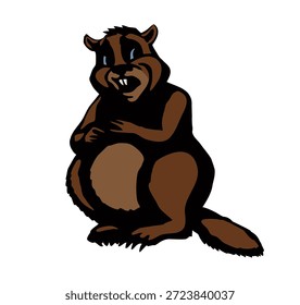 Brown old wet forest river small whistle pig ground hog look work dam paw hold tree gnaw chew eat stick food. line ink hand drawn young white face baby pup sit picture fun zoology logo sign art style