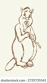 Brown old wet forest river small whistle pig ground hog look work dam paw hold tree gnaw chew eat stick food. line ink hand drawn young white face baby pup sit picture fun zoology logo sign art style
