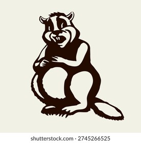 Brown old wet forest river small whistle pig ground hog look work dam paw hold tree gnaw chew eat stick food. line ink hand drawn young white face baby pup sit picture fun zoology logo sign art style