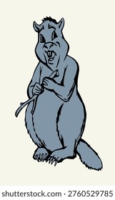 Brown old wet forest river small whistle pig ground hog look work dam paw hold tree gnaw chew eat stick food. line ink hand drawn young white face baby pup sit picture fun zoology logo sign art style