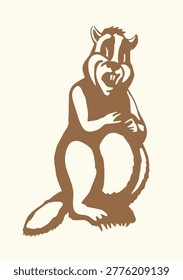 Brown old wet forest river small whistle pig ground hog look work dam paw hold tree gnaw chew eat stick food. line ink hand drawn young white face baby pup sit picture fun zoology logo sign art style