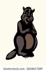 Brown old wet forest river small whistle pig ground hog look work dam paw hold tree gnaw chew eat stick food. line ink hand drawn young white face baby pup sit picture fun zoology logo sign art style