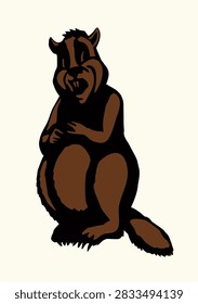 Brown old wet forest river small whistle pig ground hog look work dam paw hold tree gnaw chew eat stick food. line ink hand drawn young white face baby pup sit picture fun zoology logo sign art style