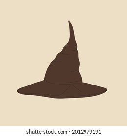 Brown old witch hat. Witchcraft attribute concept. Halloween decorative element. Vector illustration in cartoon style. Isolated on yellow background.