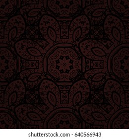 Brown on background. Royal luxury dark baroque damask vintage. Vector pattern background wallpaper with dim antique floral medieval decorative 3d flowers, leaves and dim pattern ornaments.