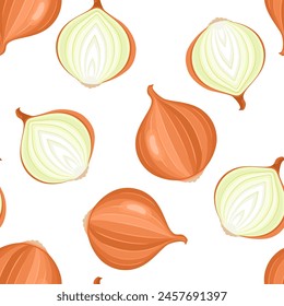 Brown onion bulb and slice. Vector seamless pattern. Vegetables background. Cartoon flat illustration. 