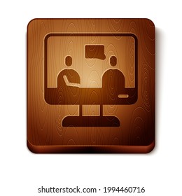 Brown Online education and graduation icon isolated on white background. Online teacher on monitor. Webinar and video seminar learning. Wooden square button. Vector Illustration