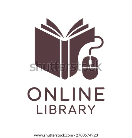 Brown online library icon with book and computer mouse symbol