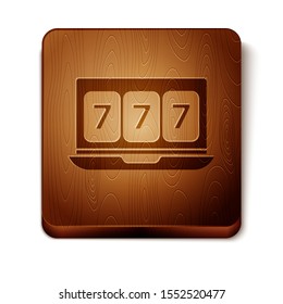 Brown Online slot machine with lucky sevens jackpot icon isolated on white background. Online casino. Wooden square button. Vector Illustration