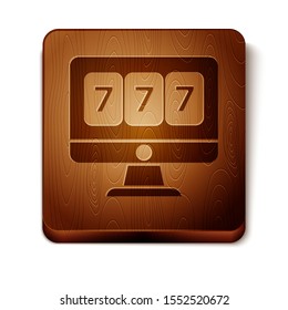 Brown Online slot machine with lucky sevens jackpot icon isolated on white background. Online casino. Wooden square button. Vector Illustration