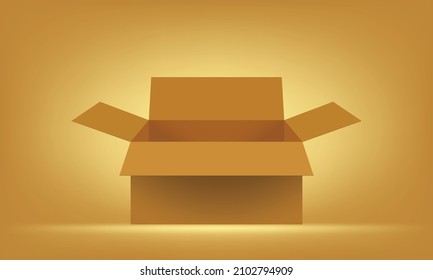 Casilla abierta marrón sobre fondo dorado con patrón de foco, parodia de producto. Ilustración vectorial.