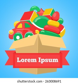 Brown open box with toys inside logo with sample text.