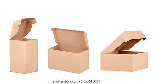 Brown open cardboard box mockup. Realistic vector illustration set of blank craft carton package of various sizes for delivery or gift concept. Rectangular small and vertical paper pack mock up.