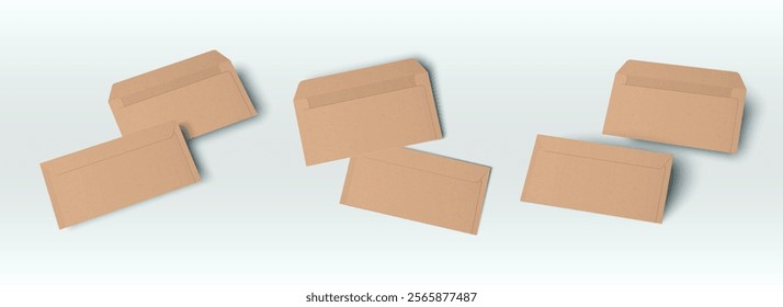 Brown open paper mail mockup. Kraft closed envelope set. 3d realistic vintage blank stationary for bill or brochure. Recycled office document long package with cardboard texture design template