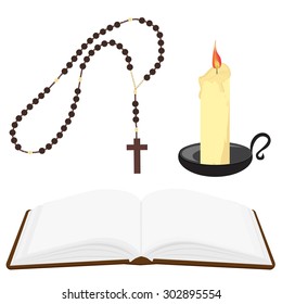 Brown opened Holy bible , rosary beads and wax candle with black holder vector icon set 