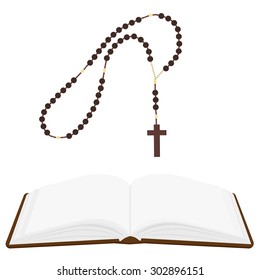 Brown opened Holy Bible and rosary beads with cross vector isolated