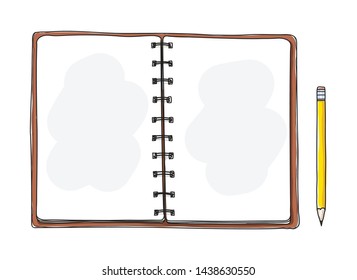 brown opened notebook hand drawn. Blank notepad on white background. Applicable for sketches illustration