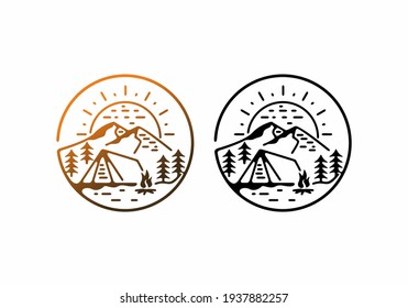 Brown orange and black color of camping area line art illustration design