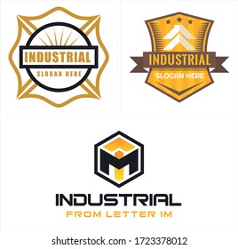 Brown orange black emblem Fire department circle sun star ribbon arrow and box letter IM logo design vector suitable for industrial firefighter military clothing police company