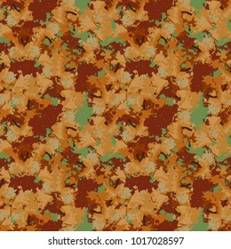 Brown and orange camouflage is a seamless pattern with spots and cracks on green background. Can be used for clothes in military style, army equipment, backdrop for a site or camo capes