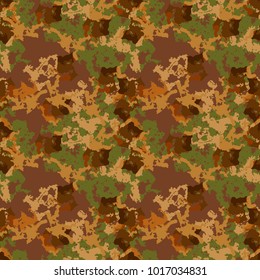 Brown and orange camouflage is a seamless pattern with spots and cracks on green background. Can be used for clothes in military style, army equipment, backdrop for a site or camo capes
