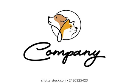 Brown and Orange Color Line Art Circle Cat Dog Logo Design