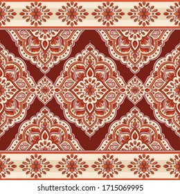 Brown and orange floral seamless pattern with ornamental stripes. Traditional oriental motifs. Vintage ornament template. Decorative paisley elements. Great for fabric and textile.