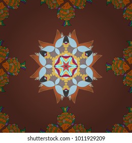 Brown, orange and green colors. Vector ethnic mandalas, doodle background circles.
