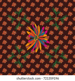 Brown, orange and green spring flowers. Floral card. Floral seamless pattern. Greeting card. Wedding invitation template. Floral wall art painting for home. Vector abstract flowers.