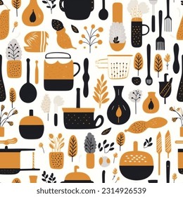 Brown Orange Grey Black and White Kitchen Tools: Abstract Scandinavian Design Seamless Pattern
