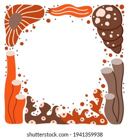 Brown and orange ocean frame with hand drawn marine elements, copy space. Square border of cartoon seaweed, shell, coral. Flat vector illustration on white. Template for childish banner, poster, card
