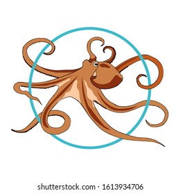 Brown Orange octopus in marine blue ring. Cartoon flat logo, t-shirt print design.