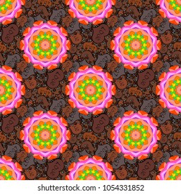 Brown, orange and pink back. Vector oriental ornament frame with decorative colored foil. Design for fashion banner, label, bridal shower or wedding invitation.