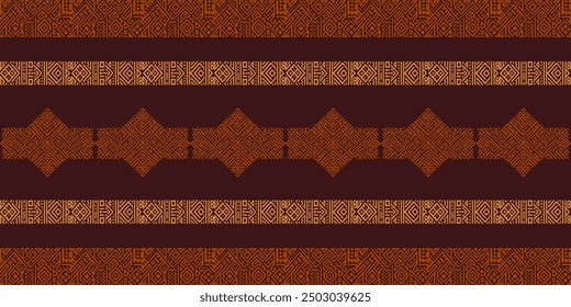 Brown and orange tribal geometric pattern with intricate ethnic designs, perfect for textile and decor.