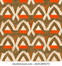 Brown and orange tribal pattern with white triangles, grunge lines ikat pattern, striped seamless pattern, Vector illustration background for print the paper.