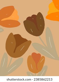 Brown orange tulips on orange background for web banner, business presentation, branding package, fabric print, wallpaper, social media post, doodle, notes, book covers, wall decor.