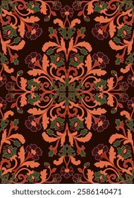 Brown and orange vintage floral pattern. Traditional ornament for a carpet, textile and any surface. Ornamental backgroun with filigree details.