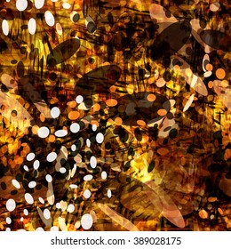Brown, orange and white spots, scratches, triangles, ovals and splashes randomly mixed. Seamless vector abstract grunge pattern. Blur effect and watercolor