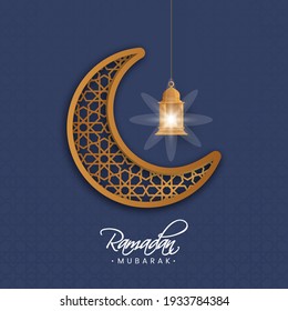 Brown Ornament Crescent Moon With Illuminated Lantern Hang On Blue Islamic Pattern Background For Ramadan Mubarak Concept.